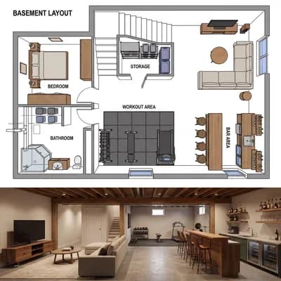 Basement interior design visualization