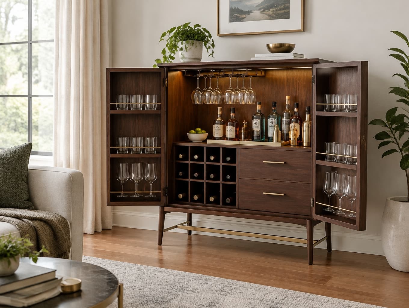Elegant Living Room with Bar Cabinet