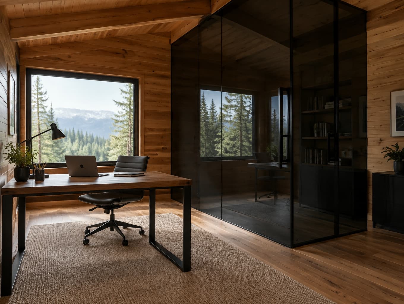 Modern Cabin Office with Black Glass Elements