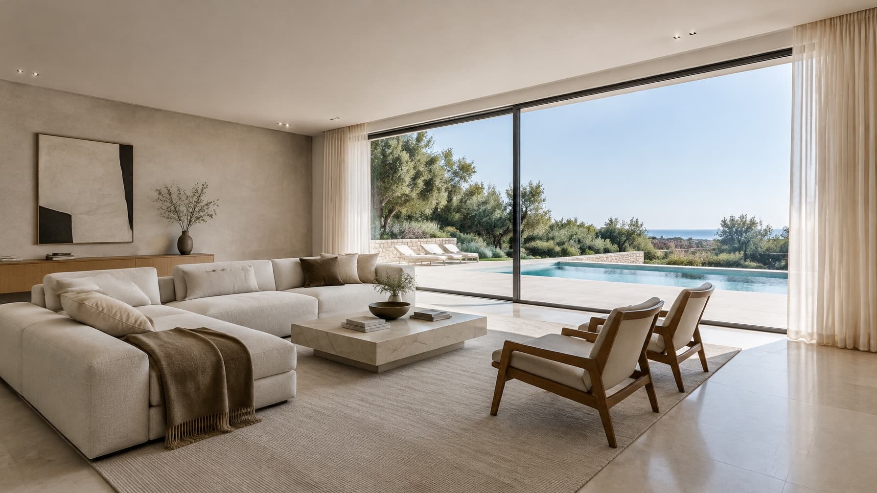 A Serene Living Room Framed by Pool Views