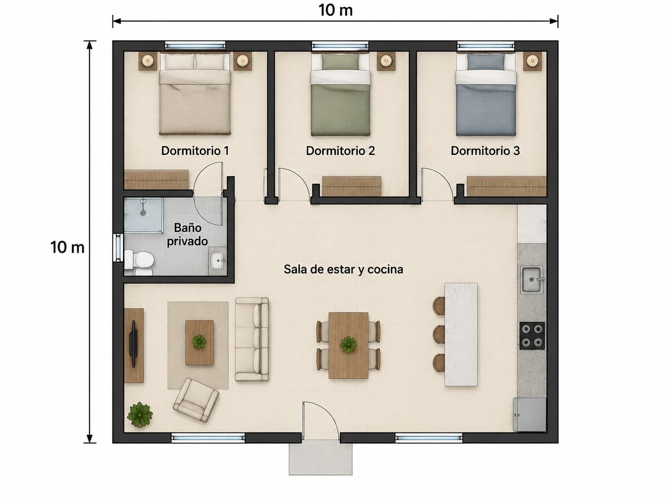 Detailed 10m x 10m House Floor Plan
