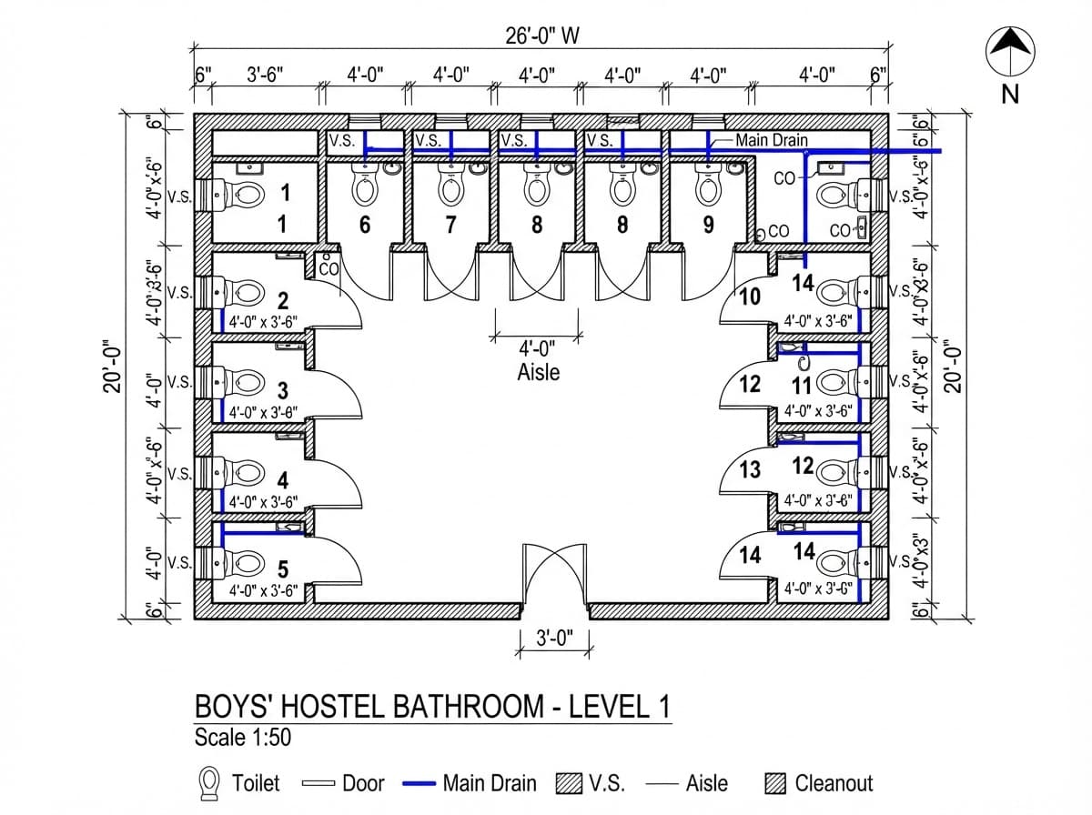 Efficient Hostel Bathroom Design