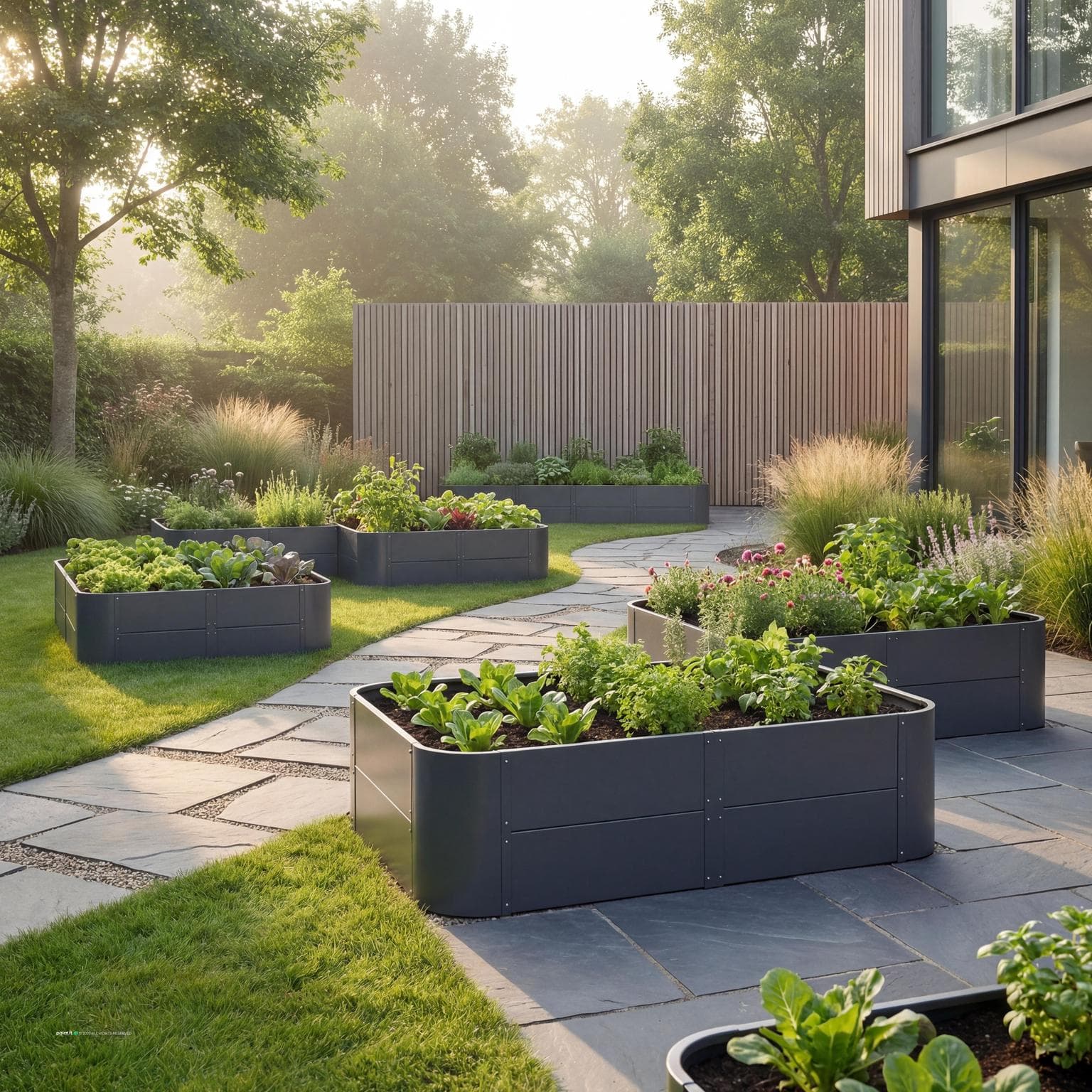 Contemporary Garden with Vego Raised Beds