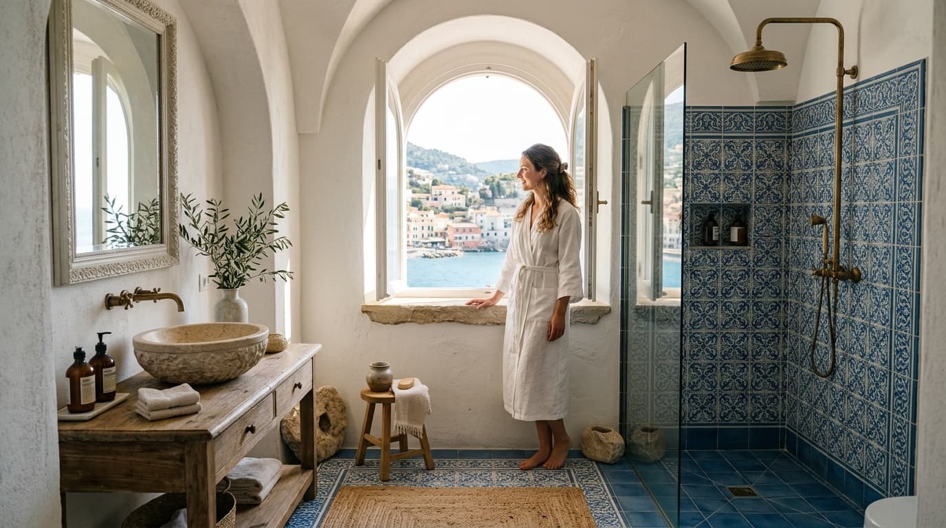Mediterranean Bathroom with Blue Tiles and Natural Light
