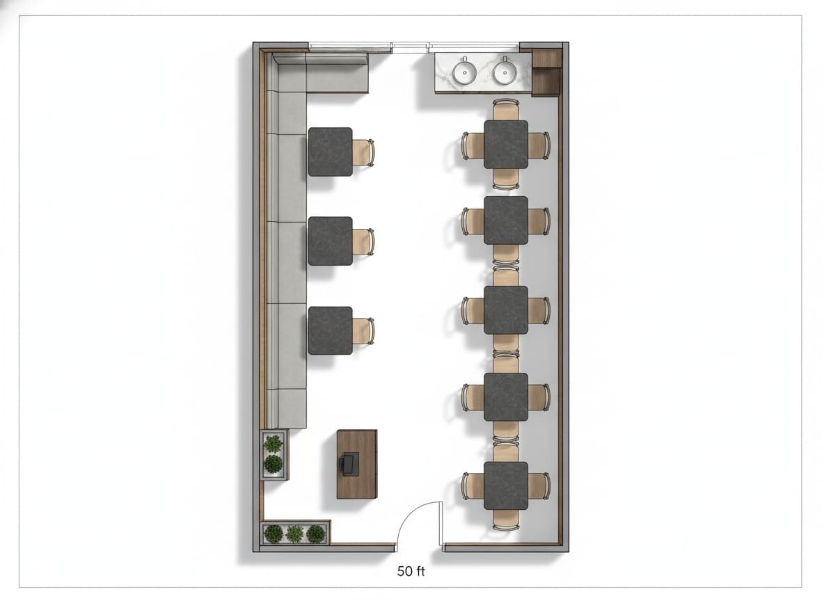 Contemporary Seating Plan for Narrow Dining Halls