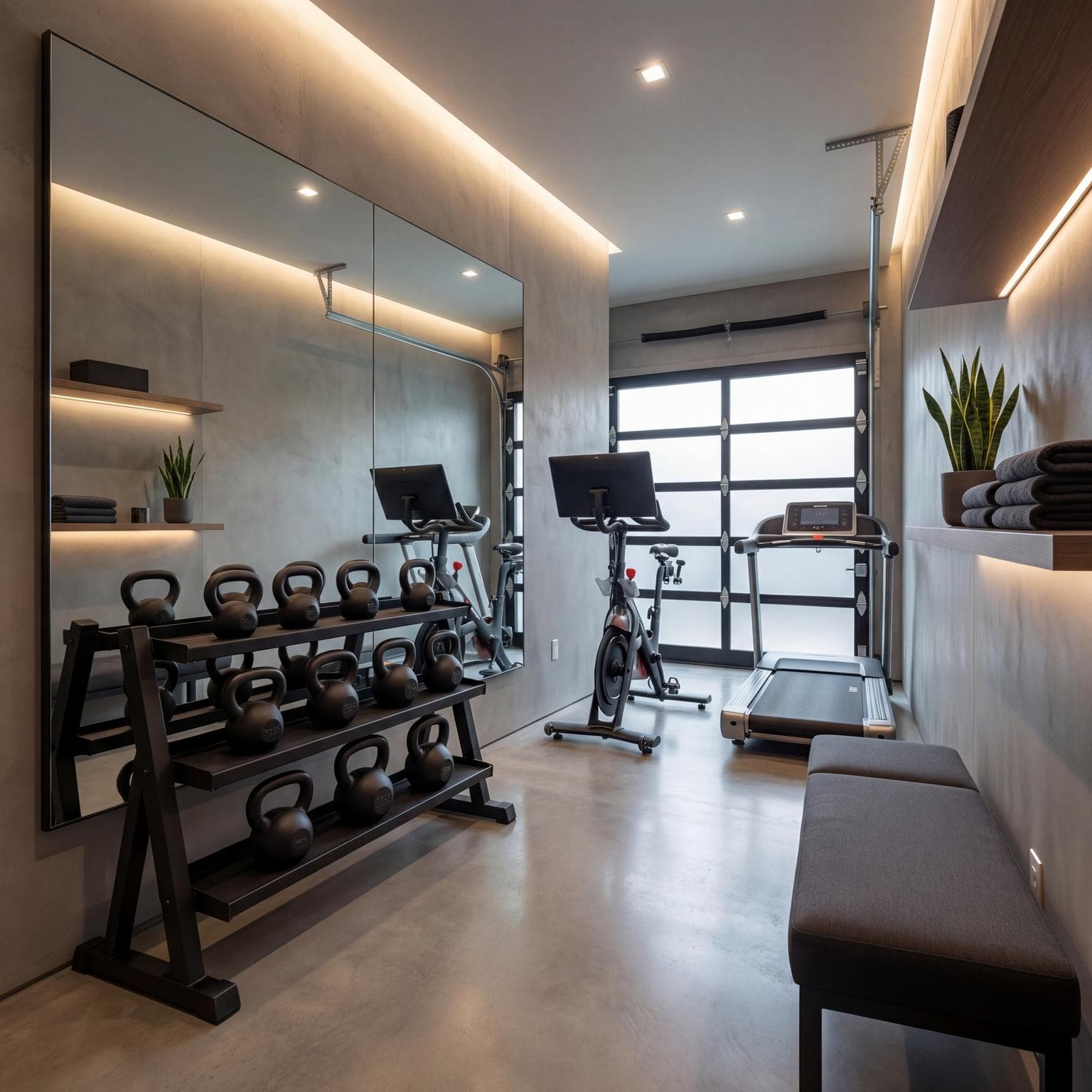 Chic Gym Design in a Golf Cart Garage