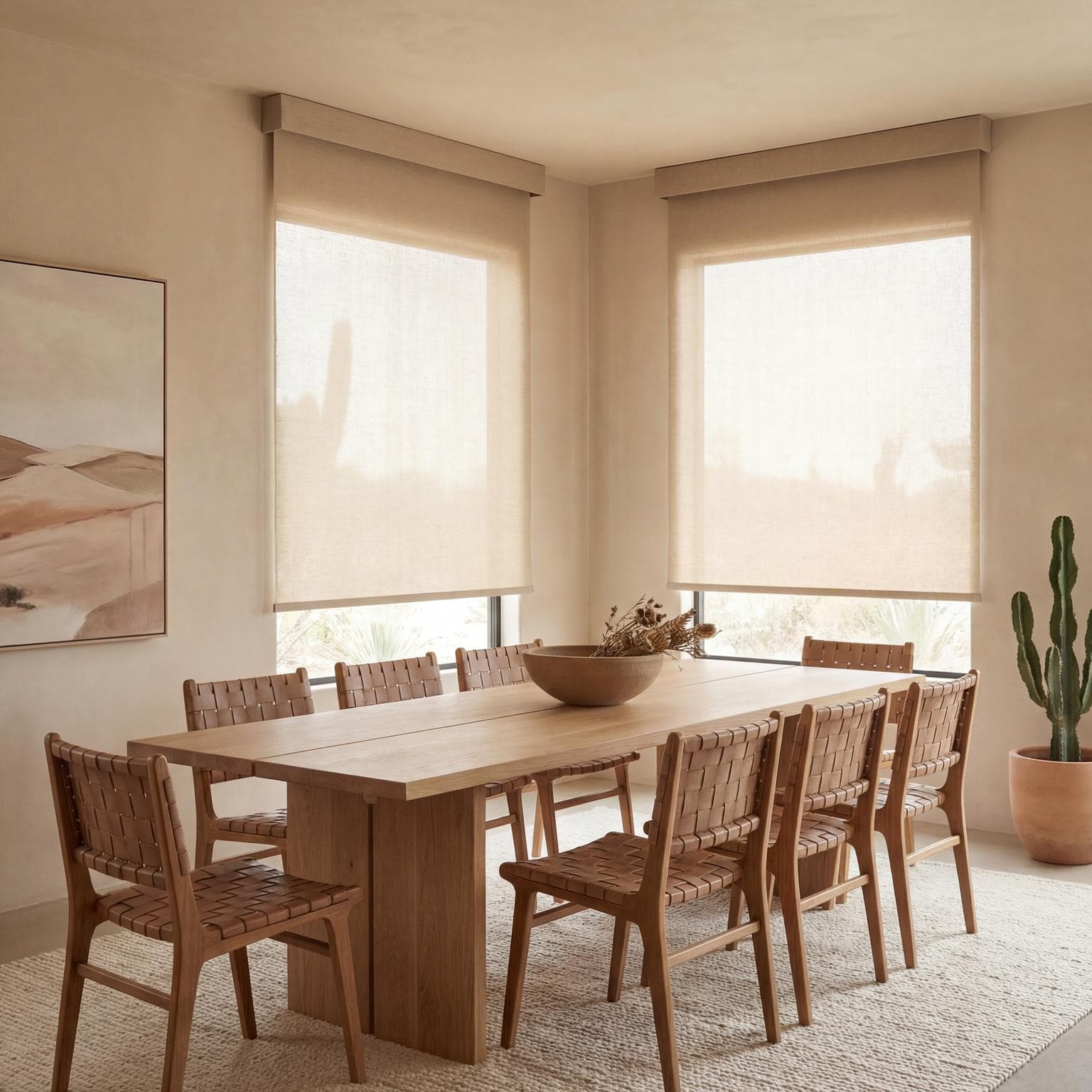 Elegant Dining Room with Roller Shades