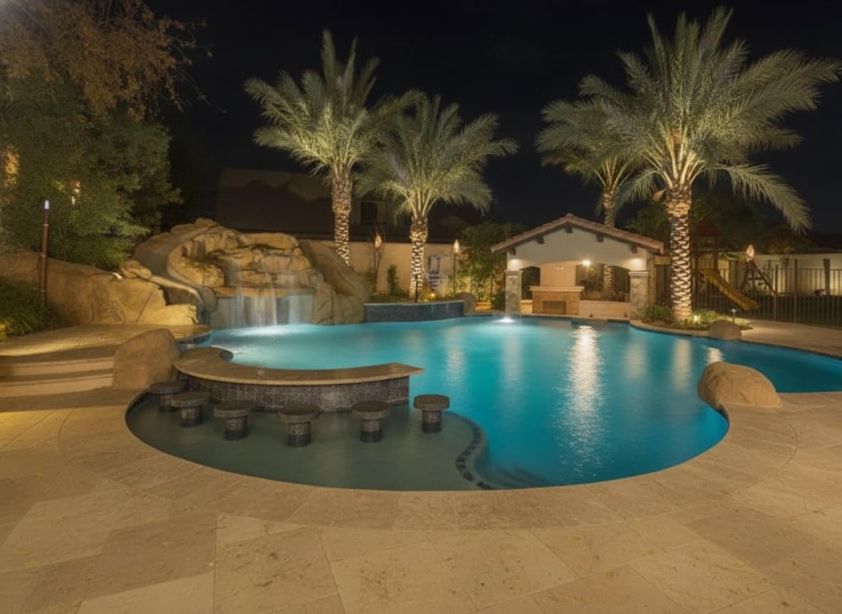Elegant Nighttime Backyard Oasis Design