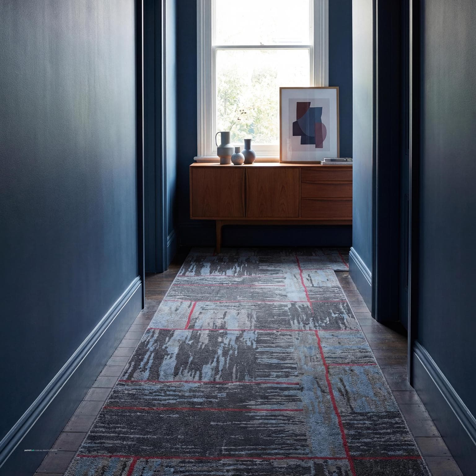 Elegant Hallway Design with Blue and Red Elements